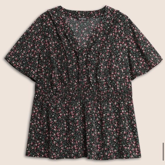 BloomChic Plus Size XL Plus Size Black Ditsy Floral Shirred Frill Trim Blouse - Picture 8 of 9